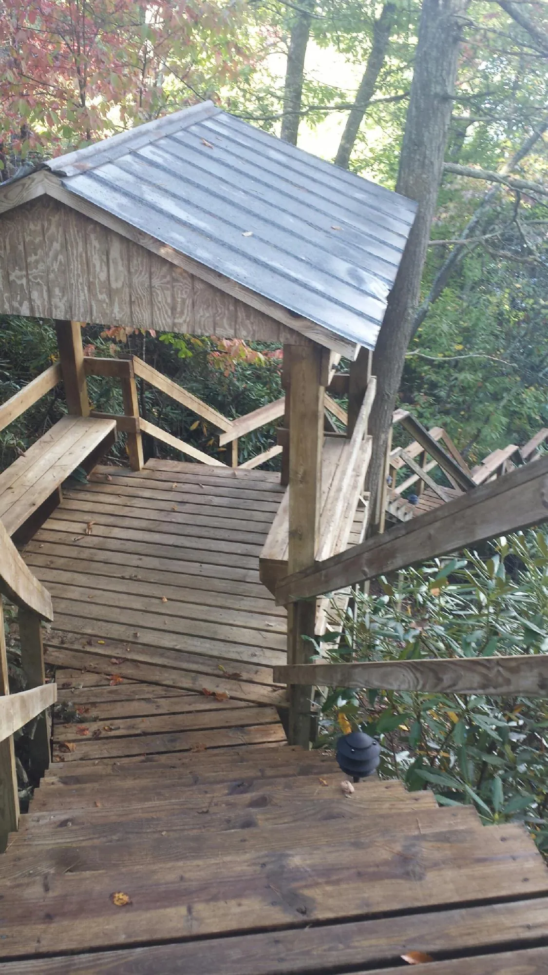 Metal roofed shelter over wooden steps on a wooded walkway — Skylight Repair & Installation work by our crew in Snow Hill
